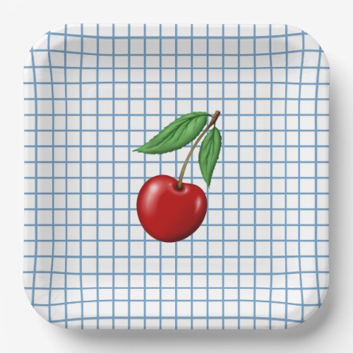 Red Cherry on Blue Checked Graphic Pattern Paper Plates