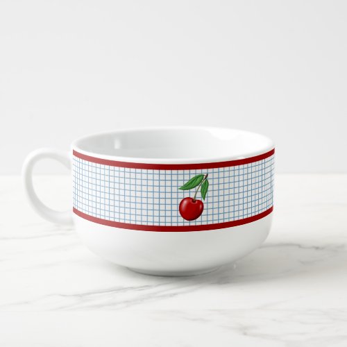 Red Cherry on Blue Checked Graphic Pattern Soup Mug