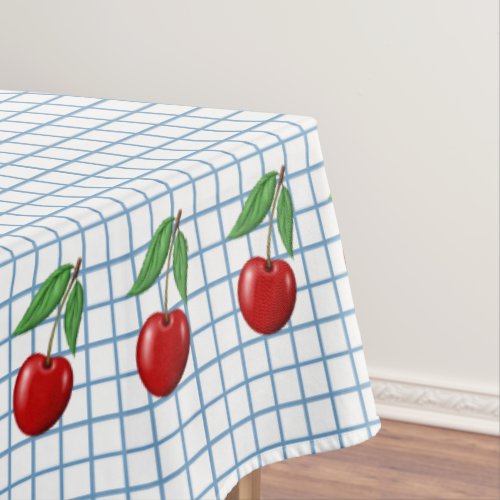 Red Cherry on Blue Checked Graphic Pattern Tablecloth