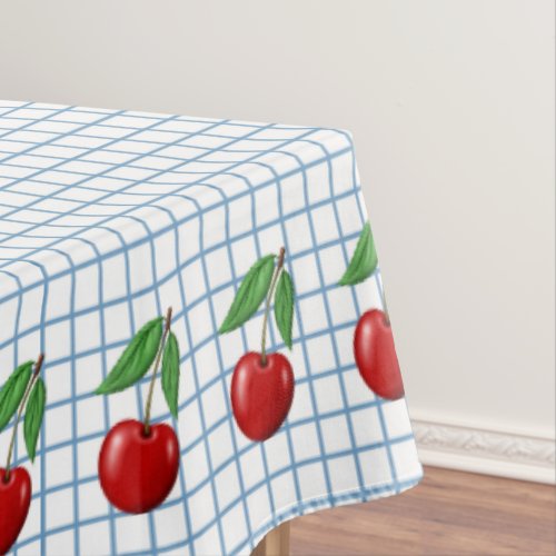 Red Cherry on Blue Checked Graphic Pattern Tablecloth