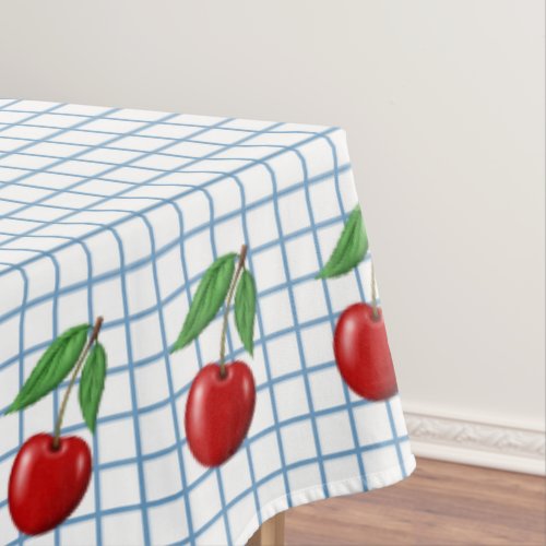 Red Cherry on Blue Checked Graphic Pattern Tablecloth