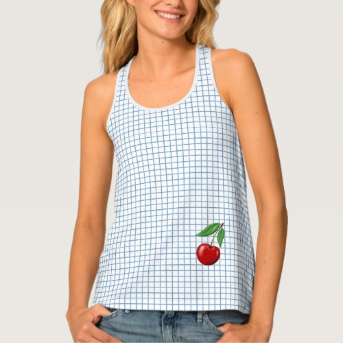 Red Cherry on Blue Checked Graphic Pattern Tank Top