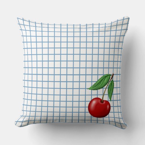 Red Cherry on Blue Checked Graphic Pattern Throw Pillow