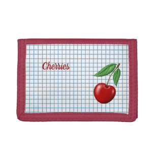 Red Cherry on Blue Checked Personalized Trifold Wallet