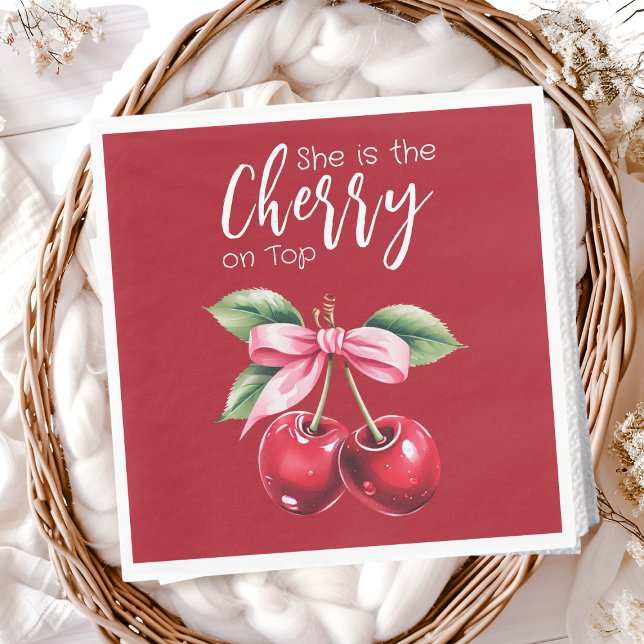 Red Cherry on Top Coquette Pink Bow Baby Shower Napkins (Creator Uploaded)