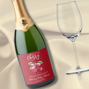 Red Cherry on Top Coquette Pink Bow Baby Shower Sparkling Wine Label