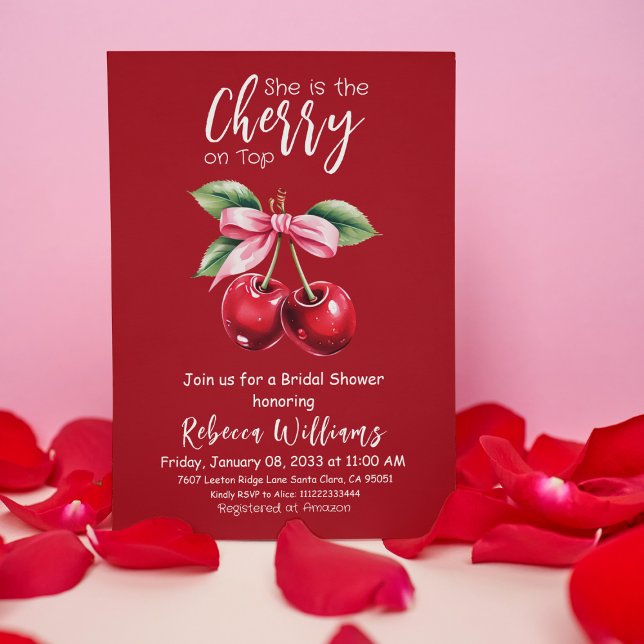 Red Cherry on Top Coquette Pink Bow Bridal Shower Invitation (Creator Uploaded)
