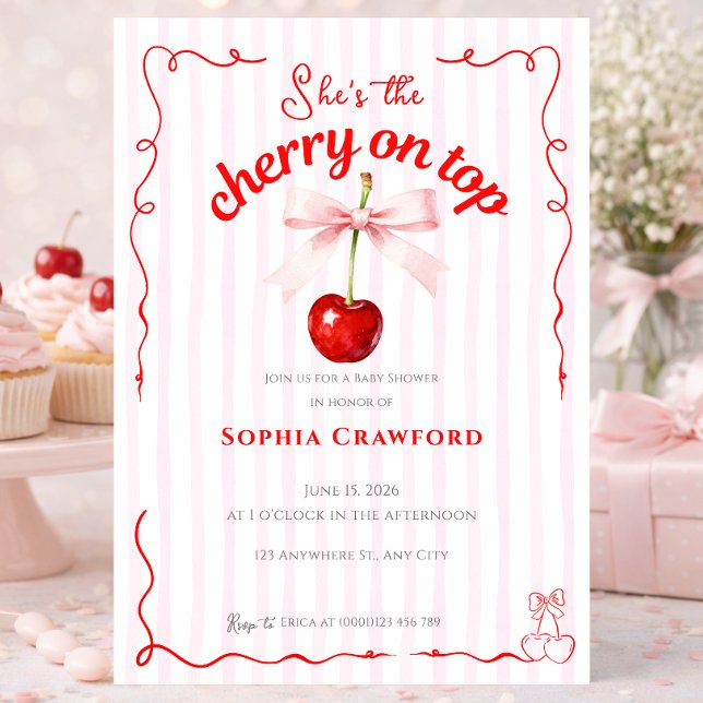 Red Cherry on Top Pink Bow Cherries Baby Shower Invitation (Red Cherry on Top Pink Bow Cherries Baby Shower Invitation)
