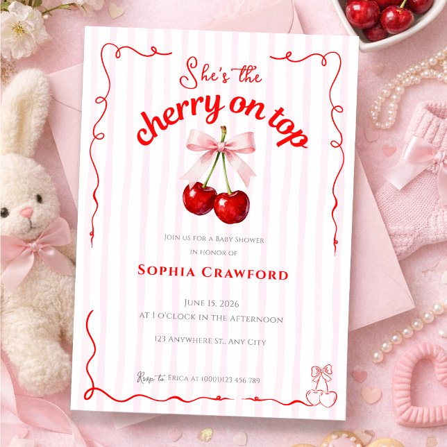 Red Cherry on Top Pink Bow Cherries Baby Shower Invitation (Red Cherry on Top Pink Bow Cherries Baby Shower Invitation)
