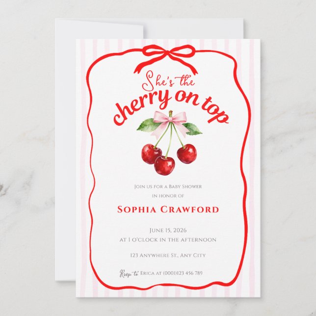 Red Cherry on Top Pink Bow Doodle Baby Shower Invitation (Front)