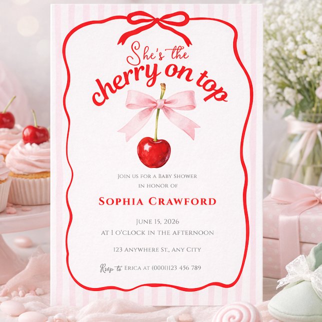 Red Cherry on Top Pink Bow Doodle Baby Shower Invitation (Red Cherry on Top Pink Bow Doodle Baby Shower Invitation)