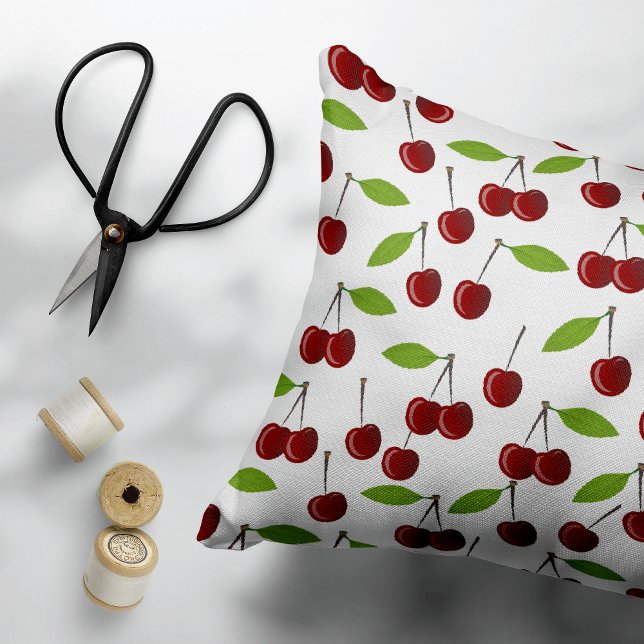 Red Cherry, Pattern Of Cherries, Leaves, Fruit Accent Pillow (Creator Uploaded)