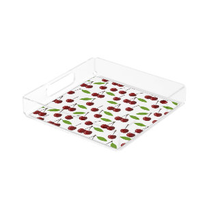 Red Cherry, Pattern Of Cherries, Leaves, Fruit Acrylic Tray