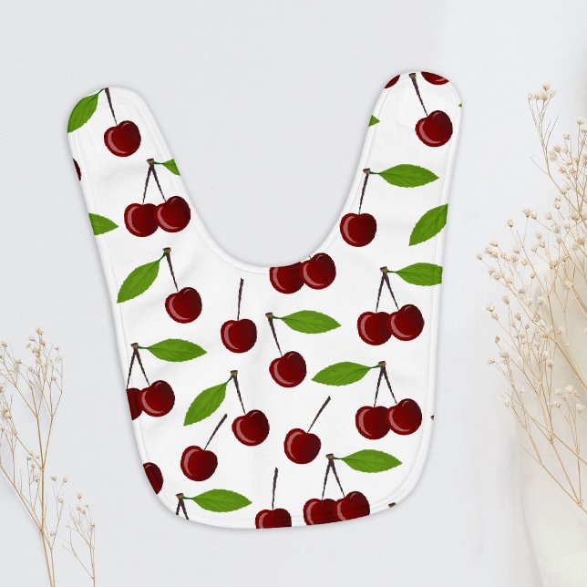 Red Cherry, Pattern Of Cherries, Leaves, Fruit Baby Bib (Creator Uploaded)
