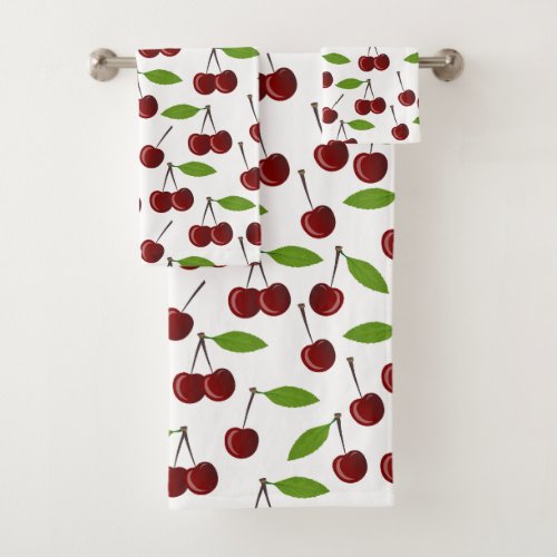 Red Cherry Pattern Of Cherries Leaves Fruit Bath Towel Set