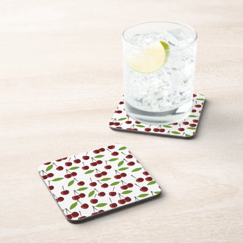 Red Cherry Pattern Of Cherries Leaves Fruit Beverage Coaster