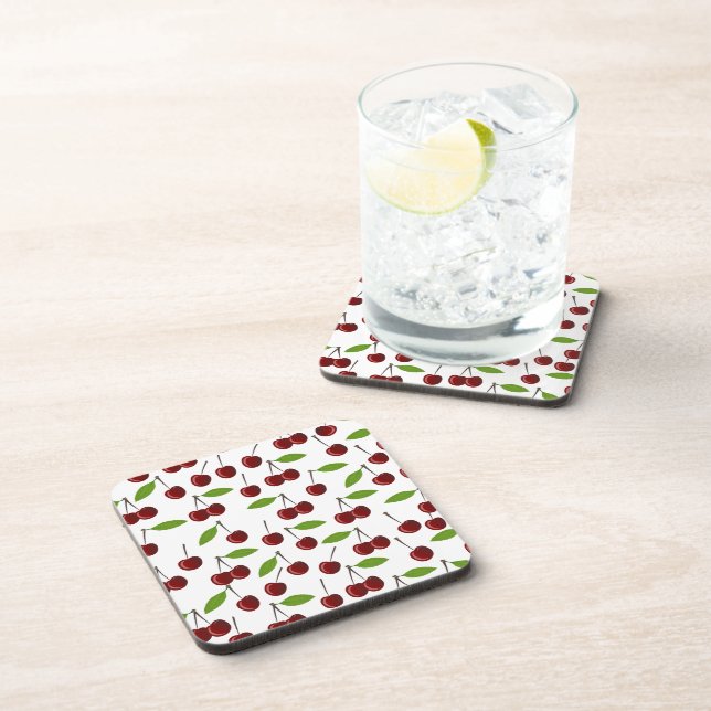 Red Cherry, Pattern Of Cherries, Leaves, Fruit Beverage Coaster (Right Side)
