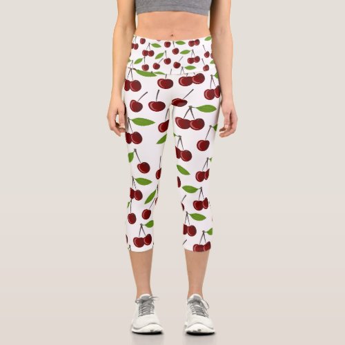 Red Cherry Pattern Of Cherries Leaves Fruit Capri Leggings