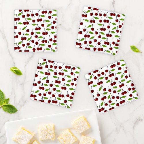 Red Cherry Pattern Of Cherries Leaves Fruit Coaster Set