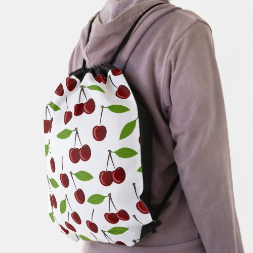 Red Cherry Pattern Of Cherries Leaves Fruit Drawstring Bag