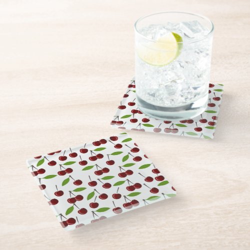 Red Cherry Pattern Of Cherries Leaves Fruit Glass Coaster