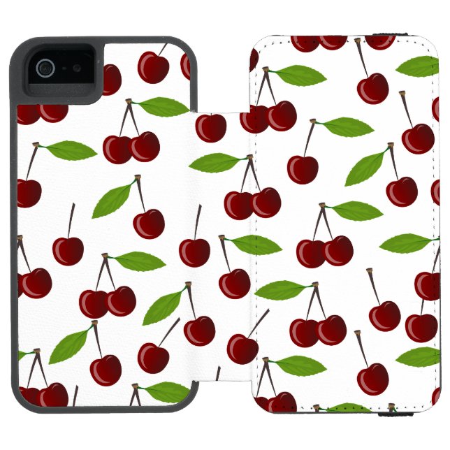 Red Cherry, Pattern Of Cherries, Leaves, Fruit Incipio iPhone Wallet Case (Folio Open)