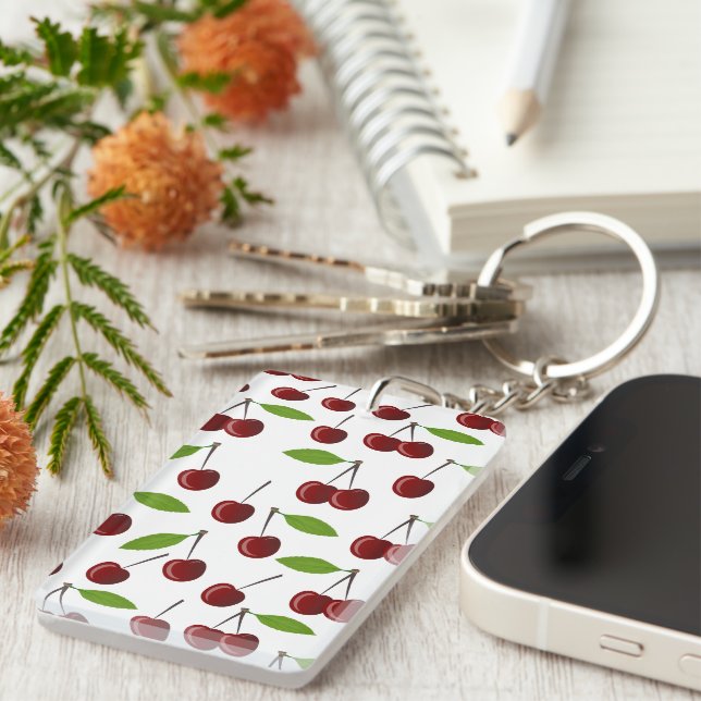 Red Cherry, Pattern Of Cherries, Leaves, Fruit Keychain (Front Right)