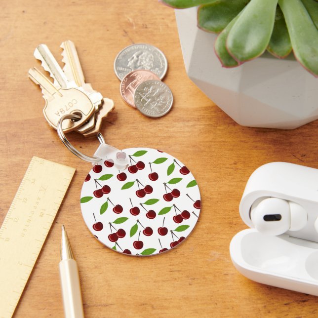 Red Cherry, Pattern Of Cherries, Leaves, Fruit Keychain (Desk)