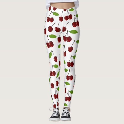 Red Cherry Pattern Of Cherries Leaves Fruit Leggings