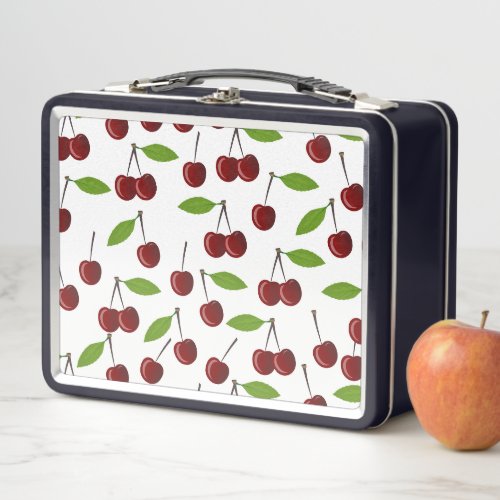 Red Cherry Pattern Of Cherries Leaves Fruit Metal Lunch Box