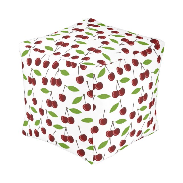 Red Cherry, Pattern Of Cherries, Leaves, Fruit Pouf (Angled Back)