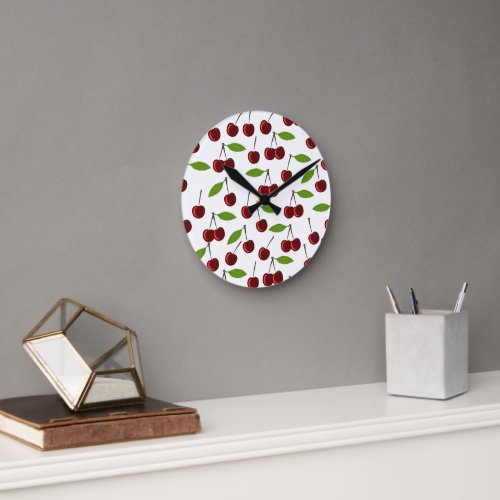 Red Cherry Pattern Of Cherries Leaves Fruit Round Clock