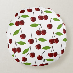 Red Cherry, Pattern Of Cherries, Leaves, Fruit Round Pillow