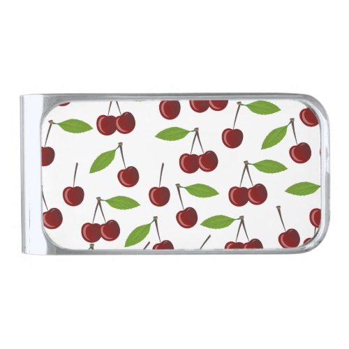 Red Cherry Pattern Of Cherries Leaves Fruit Silver Finish Money Clip