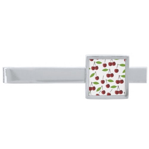 Red Cherry Pattern Of Cherries Leaves Fruit Silver Finish Tie Bar