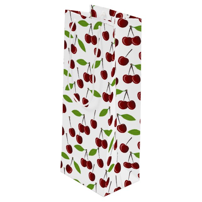 Red Cherry, Pattern Of Cherries, Leaves, Fruit Wine Gift Bag (Back Angled)