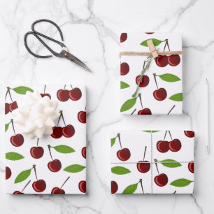 Red Cherry, Pattern Of Cherries, Leaves, Fruit Wrapping Paper Sheets