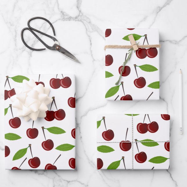 Red Cherry, Pattern Of Cherries, Leaves, Fruit Wrapping Paper Sheets (Front)