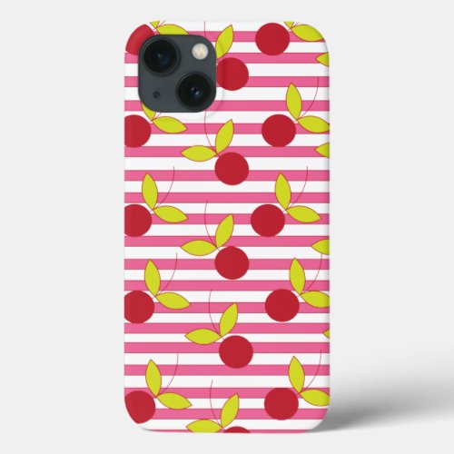 Red Cherry Pink and White Stripe iPhone 13 Case