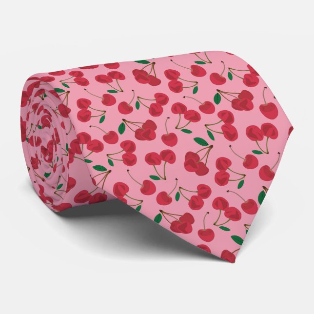 red cherry pink background neck tie (Rolled)