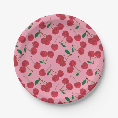 red cherry pink background paper plates