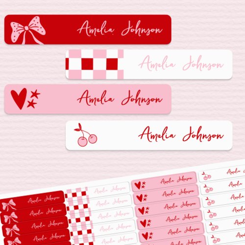 Red Cherry &amp; Pink Bows Waterproof Kids Name Labels