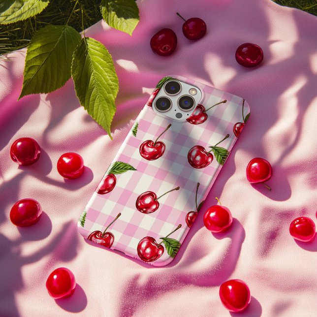 Red Cherry Pink Gingham Plaid Pattern Phone Case (Creator Uploaded)