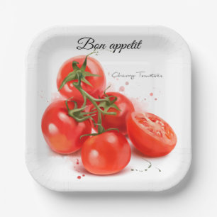 Red cherry tomatoes and spray watercolor painting paper plates
