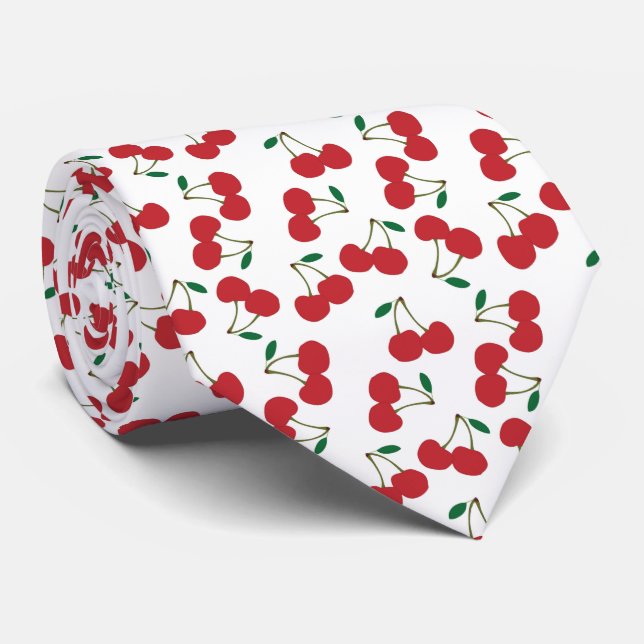 red cherry white background neck tie (Rolled)