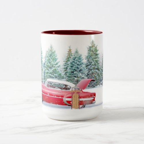 Red Chevrolet Snow Green Christmas Trees Two_Tone Coffee Mug