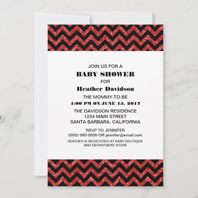 Red Chevron Glitter Baby Shower Invite (Front)
