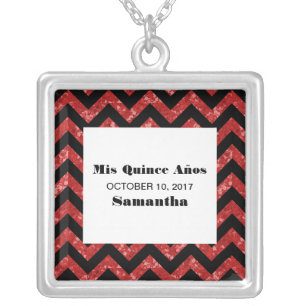 Red Chevron Glitter Quinceañera Necklace