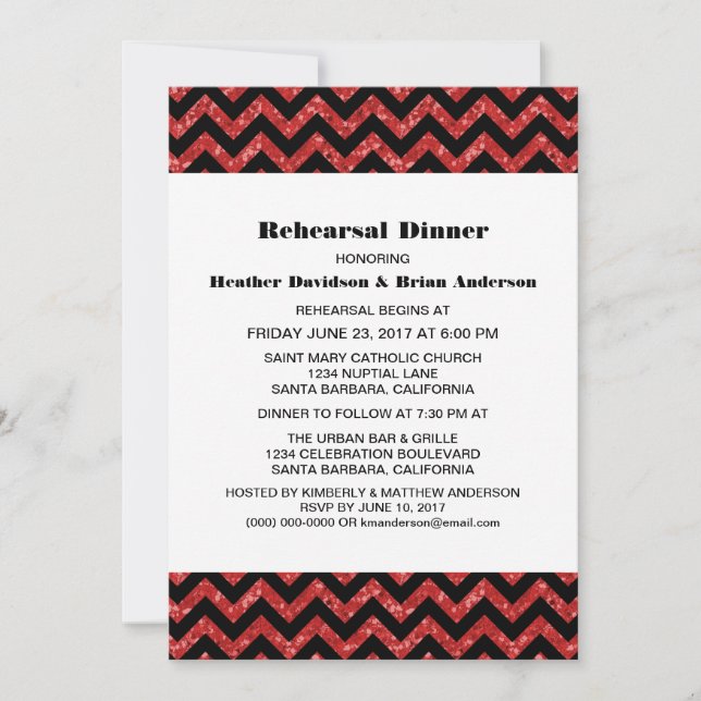 Red Chevron Glitter Rehearsal Dinner Invite (Front)