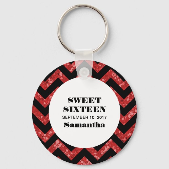 Red Chevron Glitter Sweet 16 Keychain (Front)